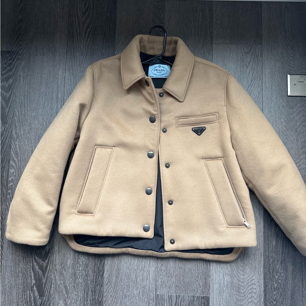 Prada Beige Wool-Blend Jacket with Logo Patch